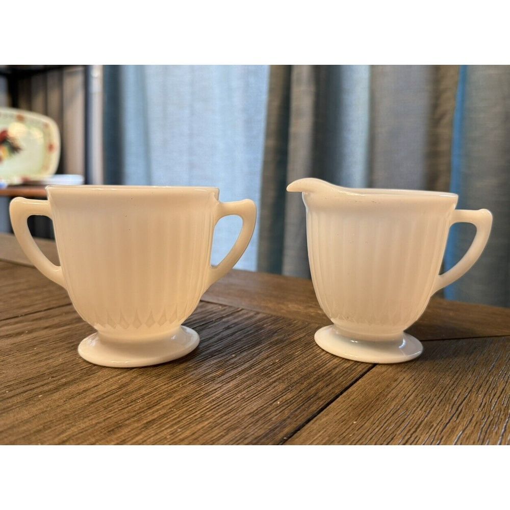 Macbeth Evans Glass PETALWARE White Monax Footed‎ Sugar Bowl Dish & Creamer Set